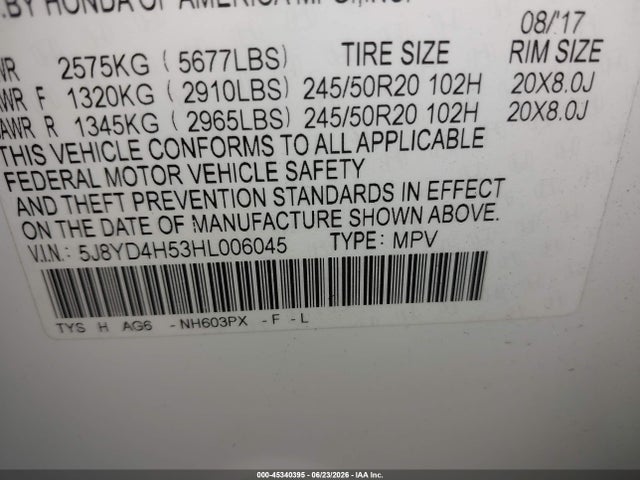Aukcja sprzedaży 2017 Acura Mdx Technology Package, vin: 5J8YD4H53HL006045, numer aukcji: 45340395