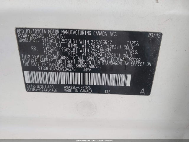 Aukcja sprzedaży 2012 Toyota Rav4 Limited, vin: 2T3DF4DV4CW204376, numer aukcji: 45340396