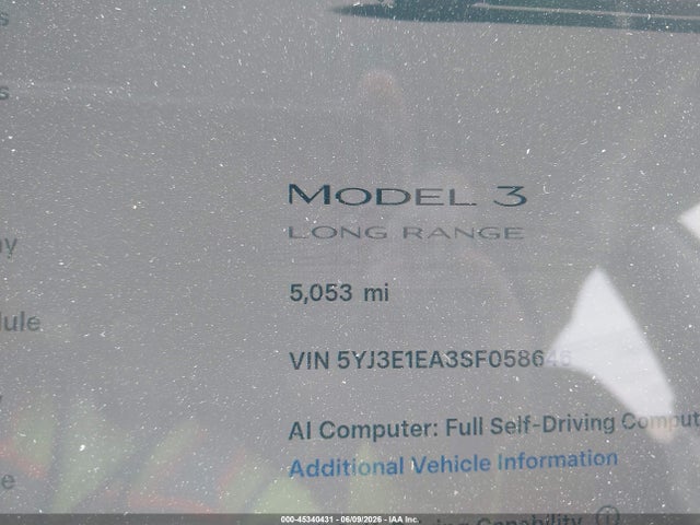 45340431 :رقم المزاد ، 5YJ3E1EA3SF058646 vin ، 2025 Tesla Model 3 Long Range Rear-wheel Drive/standard Rear-wheel Drive مزاد بيع