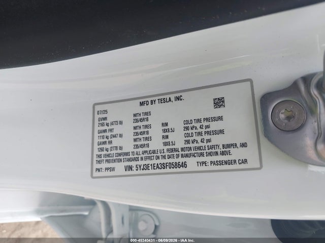 45340431 :رقم المزاد ، 5YJ3E1EA3SF058646 vin ، 2025 Tesla Model 3 Long Range Rear-wheel Drive/standard Rear-wheel Drive مزاد بيع