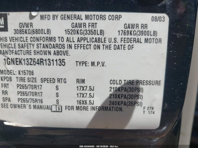 45340450 :رقم المزاد ، 1GNEK13Z64R131135 vin ، 2004 Chevrolet Tahoe Z71 مزاد بيع