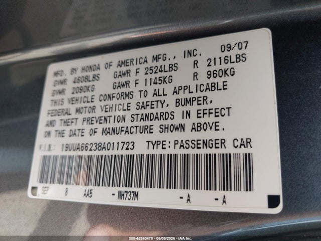 45340470 :رقم المزاد ، 19UUA66238A011723 vin ، 2008 Acura Tl 3.2 مزاد بيع