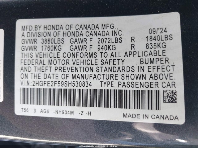 Honda Civic Sport 2025 2HGFE2F59SH530834 Image 9
