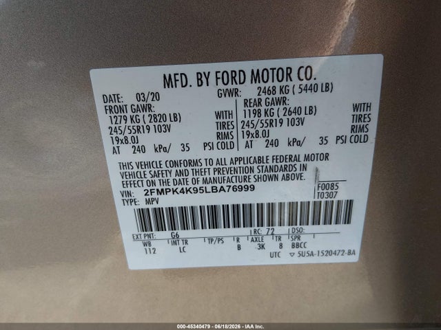 2FMPK4K95LBA76999 Ford Edge Titanium