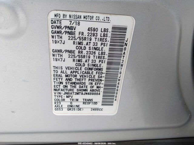 Aukcja sprzedaży 2018 Nissan Rogue Sl, vin: JN8AT2MT9JW489884, numer aukcji: 45340482