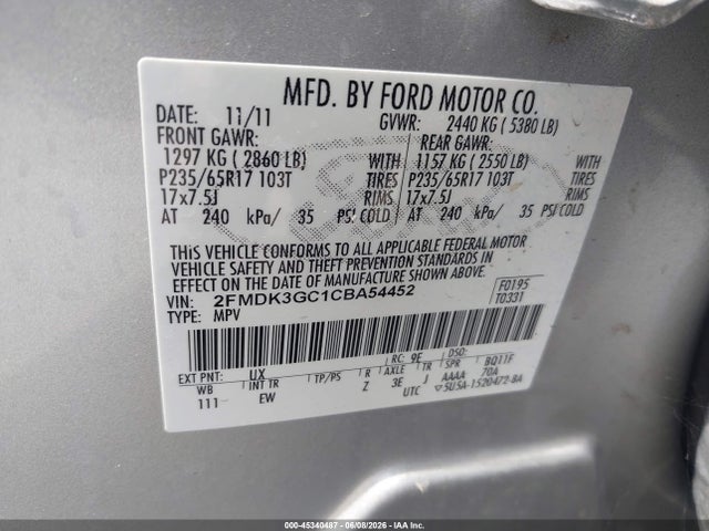 2012 Ford Edge Se მანქანა იყიდება აუქციონზე, vin: 2FMDK3GC1CBA54452, აუქციონის ნომერი: 45340487