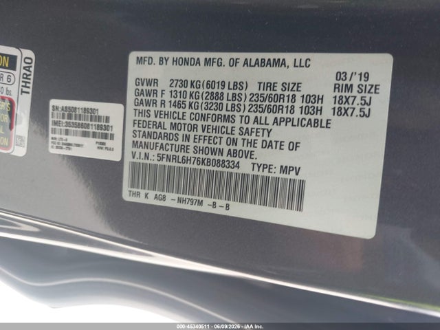 Honda Odyssey Ex-l 2019 5FNRL6H76KB088334 Image 9