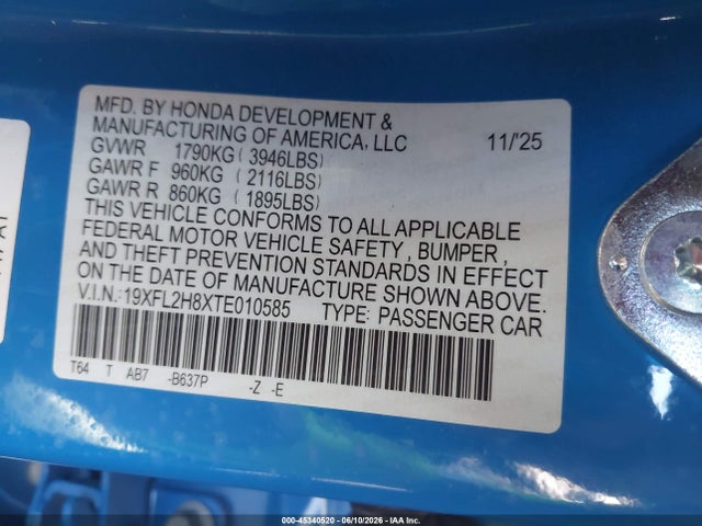 Продаж на аукціоні авто 2026 Honda Civic Sport, vin: 19XFL2H8XTE010585, номер лоту: 45340520