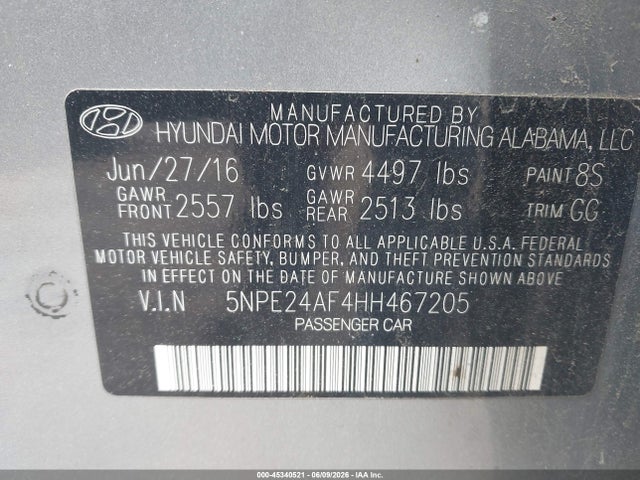 Aukcja sprzedaży 2017 Hyundai Sonata Se, vin: 5NPE24AF4HH467205, numer aukcji: 45340521