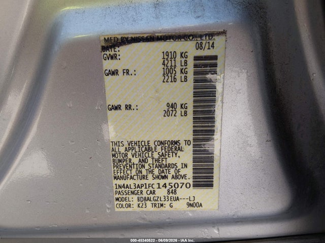 2015 Nissan Altima 2.5 S მანქანა იყიდება აუქციონზე, vin: 1N4AL3AP1FC145070, აუქციონის ნომერი: 45340522