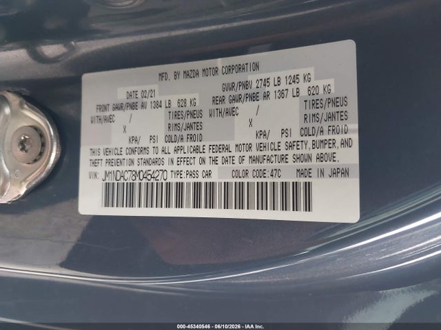 2021 Mazda Mx-5 Miata Club მანქანა იყიდება აუქციონზე, vin: JM1NDAC78M0454270, აუქციონის ნომერი: 45340546