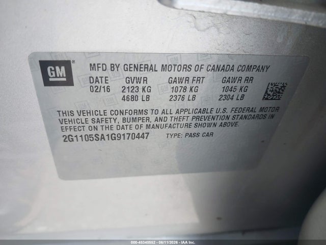 Продаж на аукціоні авто 2016 Chevrolet Impala 1lt, vin: 2G1105SA1G9170447, номер лоту: 45340552