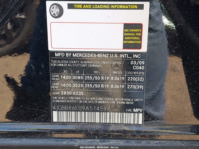 45340559 :رقم المزاد ، 4JGBB86E09A514597 vin ، 2009 Mercedes-benz Ml 350 4matic مزاد بيع
