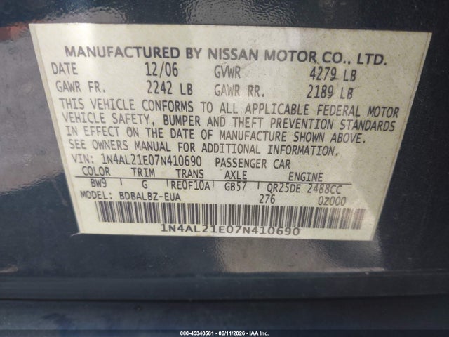 Aukcja sprzedaży 2007 Nissan Altima 2.5 S, vin: 1N4AL21E07N410690, numer aukcji: 45340561