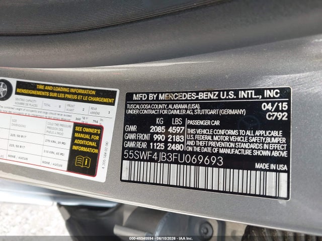 45340594 :رقم المزاد ، 55SWF4JB3FU069693 vin ، 2015 Mercedes-benz C 300 مزاد بيع