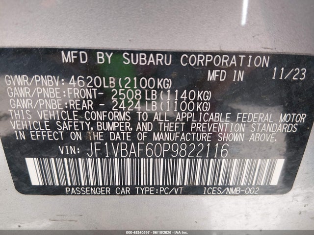Продажа на аукционе авто 2023 Subaru Wrx Premium, vin: JF1VBAF60P9822116, номер лота: 45340597