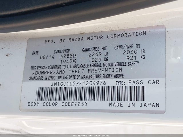 Aukcja sprzedaży 2015 Mazda Mazda6 I Sport, vin: JM1GJ1U5XF1204976, numer aukcji: 45340609