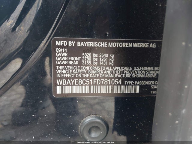 Продажа на аукционе авто 2015 Bmw 750li, vin: WBAYE8C51FD781054, номер лота: 45340613