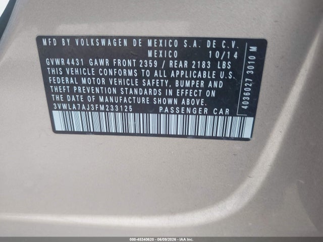 Продажа на аукционе авто 2015 Volkswagen Jetta 2.0l Tdi Se, vin: 3VWLA7AJ3FM233125, номер лота: 45340620