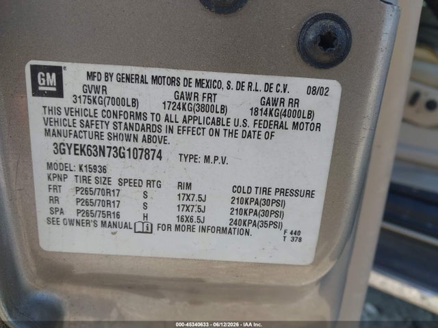 Aukcja sprzedaży 2003 Cadillac Escalade Ext Standard, vin: 3GYEK63N73G107874, numer aukcji: 45340633