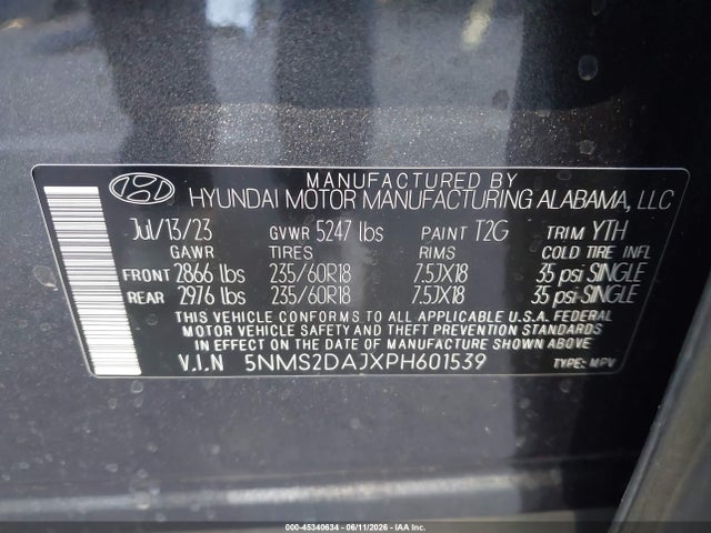 5NMS2DAJXPH601539 Hyundai Santa Fe Sel