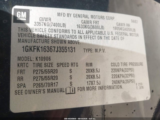 45340640 :رقم المزاد ، 1GKFK16367J355131 vin ، 2007 Gmc Yukon Xl Slt مزاد بيع