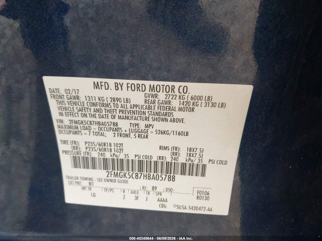45340644 :رقم المزاد ، 2FMGK5C87HBA05788 vin ، 2017 Ford Flex Sel مزاد بيع