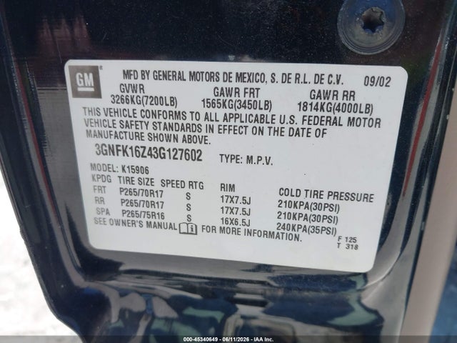 Продажа на аукционе авто 2003 Chevrolet Suburban 1500 Z71, vin: 3GNFK16Z43G127602, номер лота: 45340649
