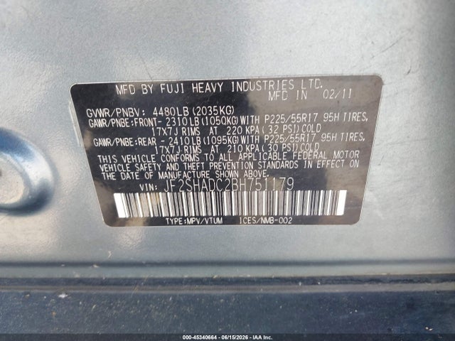 Auction sale of the 2011 Subaru Forester 2.5x Premium, vin: JF2SHADC2BH751179, lot number: 45340664