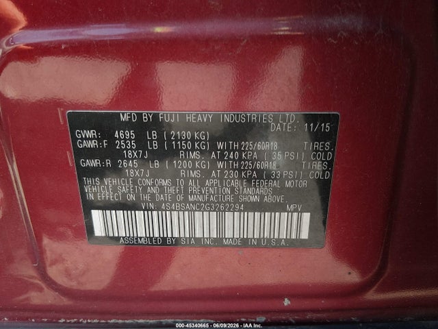 Subaru Outback 2.5i Limited 2016 4S4BSANC2G3262294 Image 9
