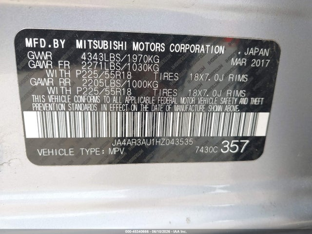 Aukcja sprzedaży 2017 Mitsubishi Outlander Sport 2.0 Es/2.0 Le, vin: JA4AR3AU1HZ043535, numer aukcji: 45340666