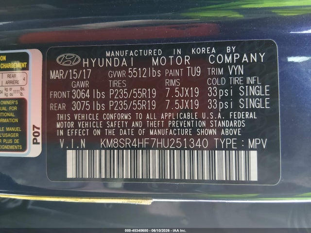 Hyundai Santa Fe 2017 KM8SR4HF7HU251340 Image 9