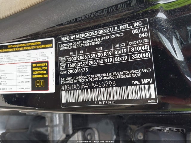 Aukcja sprzedaży 2015 Mercedes-benz Ml 350, vin: 4JGDA5JB4FA463298, numer aukcji: 45340682