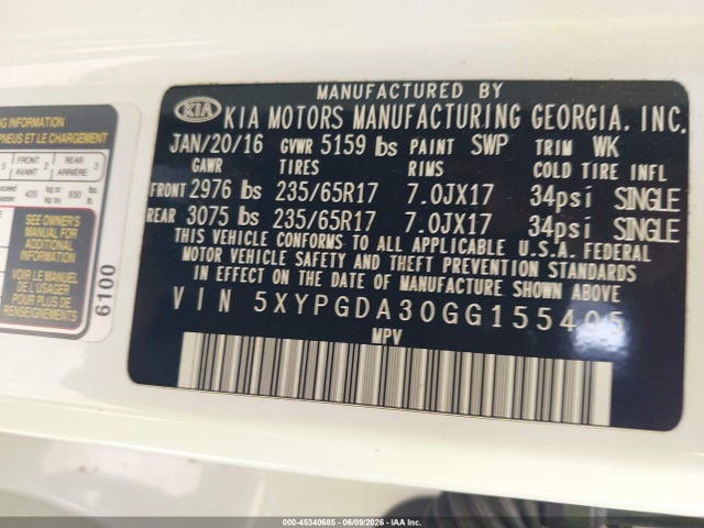 Auction sale of the 2016 Kia Sorento 2.4l Lx, vin: 5XYPGDA30GG155405, lot number: 45340685