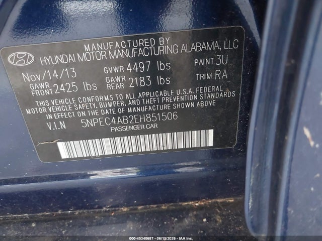 Aukcja sprzedaży 2014 Hyundai Sonata Se 2.0t, vin: 5NPEC4AB2EH851506, numer aukcji: 45340687
