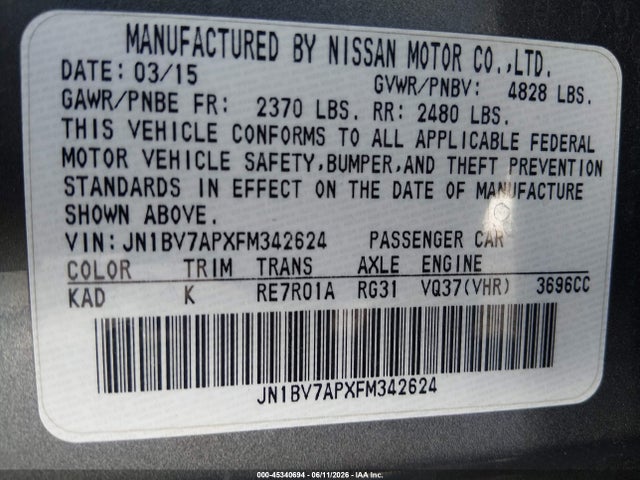 Продажа на аукционе авто 2015 Infiniti Q50 Premium, vin: JN1BV7APXFM342624, номер лота: 45340694