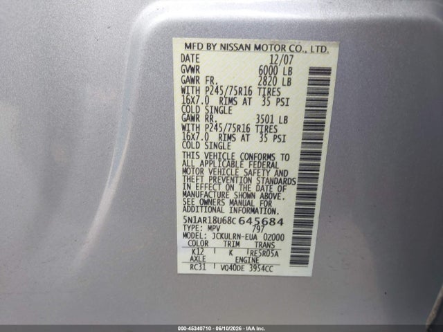 Auction sale of the 2008 Nissan Pathfinder S, vin: 5N1AR18U68C645684, lot number: 45340710