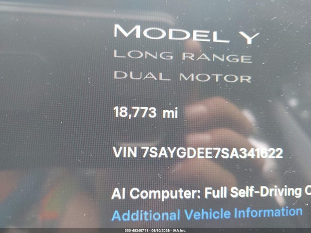 45340711 :رقم المزاد ، 7SAYGDEE7SA341622 vin ، 2025 Tesla Model Y Long Range Dual Motor All-wheel Drive مزاد بيع