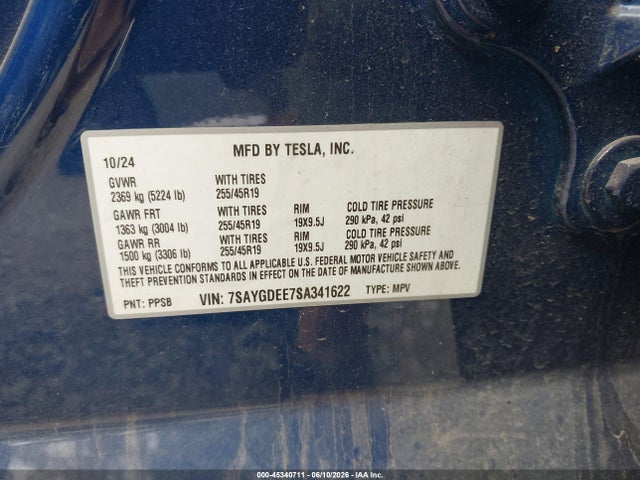 45340711 :رقم المزاد ، 7SAYGDEE7SA341622 vin ، 2025 Tesla Model Y Long Range Dual Motor All-wheel Drive مزاد بيع