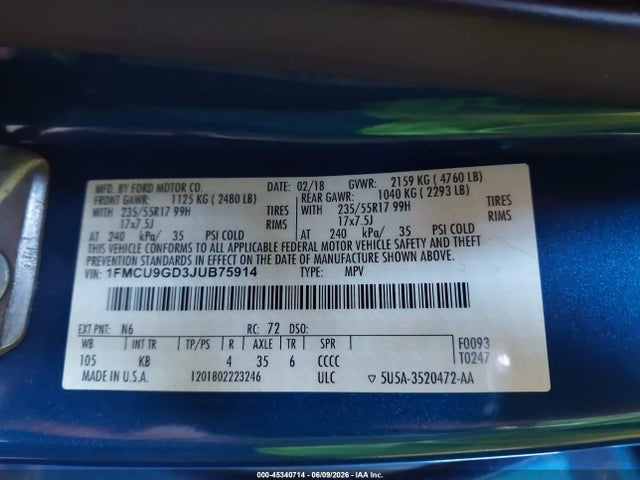 Aukcja sprzedaży 2018 Ford Escape Se, vin: 1FMCU9GD3JUB75914, numer aukcji: 45340714