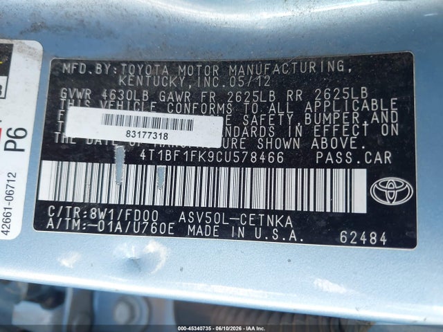 Продаж на аукціоні авто 2012 Toyota Camry Le, vin: 4T1BF1FK9CU578466, номер лоту: 45340735