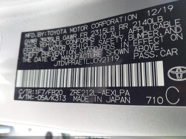 Aukcja sprzedaży 2020 Toyota Corolla Le, vin: JTDVPRAE1LJ092119, numer aukcji: 45340745