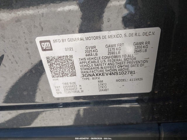 3GNAXKEV4NS102781 Chevrolet Equinox Fwd Lt