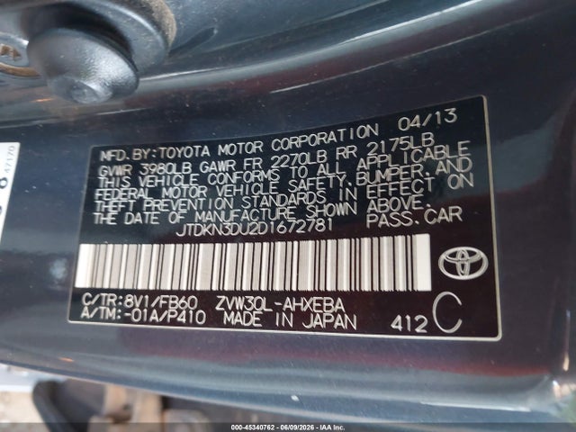 45340762 :رقم المزاد ، JTDKN3DU2D1672781 vin ، 2013 Toyota Prius Two مزاد بيع