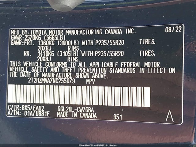 2022 Lexus Rx 350 მანქანა იყიდება აუქციონზე, vin: 2T2HZMAA7NC255079, აუქციონის ნომერი: 45340769