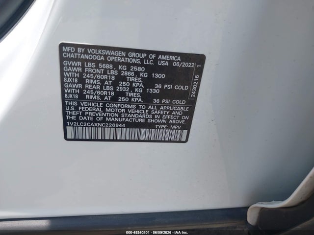 Aukcja sprzedaży 2022 Volkswagen Atlas Cross Sport 2.0t Se, vin: 1V2LC2CAXNC226944, numer aukcji: 45340801