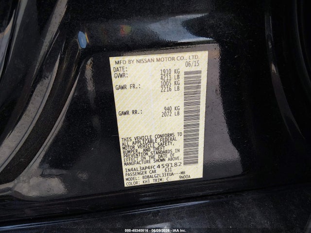 2015 Nissan Altima 2.5 S მანქანა იყიდება აუქციონზე, vin: 1N4AL3AP4FC459182, აუქციონის ნომერი: 45340816