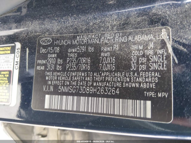 Aukcja sprzedaży 2009 Hyundai Santa Fe Gls, vin: 5NMSG73D89H263264, numer aukcji: 45340818