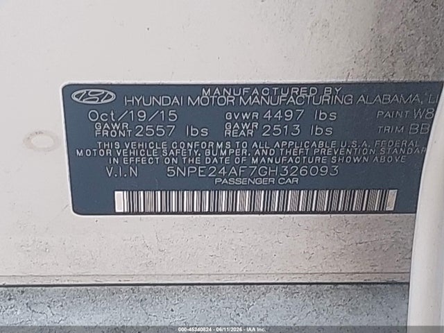 Aukcja sprzedaży 2016 Hyundai Sonata Se, vin: 5NPE24AF7GH326093, numer aukcji: 45340824