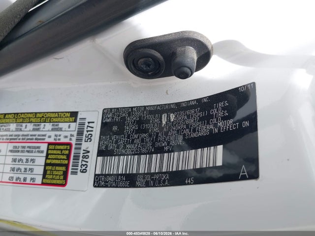 2012 Toyota Sienna Xle V6 8 Passenger მანქანა იყიდება აუქციონზე, vin: 5TDYK3DC2CS186774, აუქციონის ნომერი: 45340828